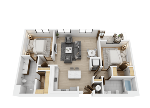 A 3D floor plan of a house with a kitchen, living room, and bathroom.